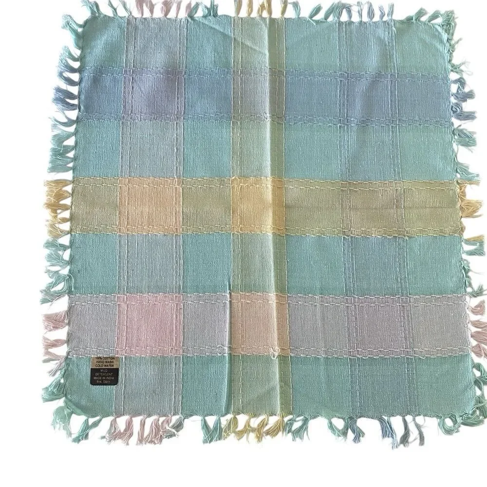 Lot of 10 Cloth Napkins Pastel Plaid Fringe 15.75